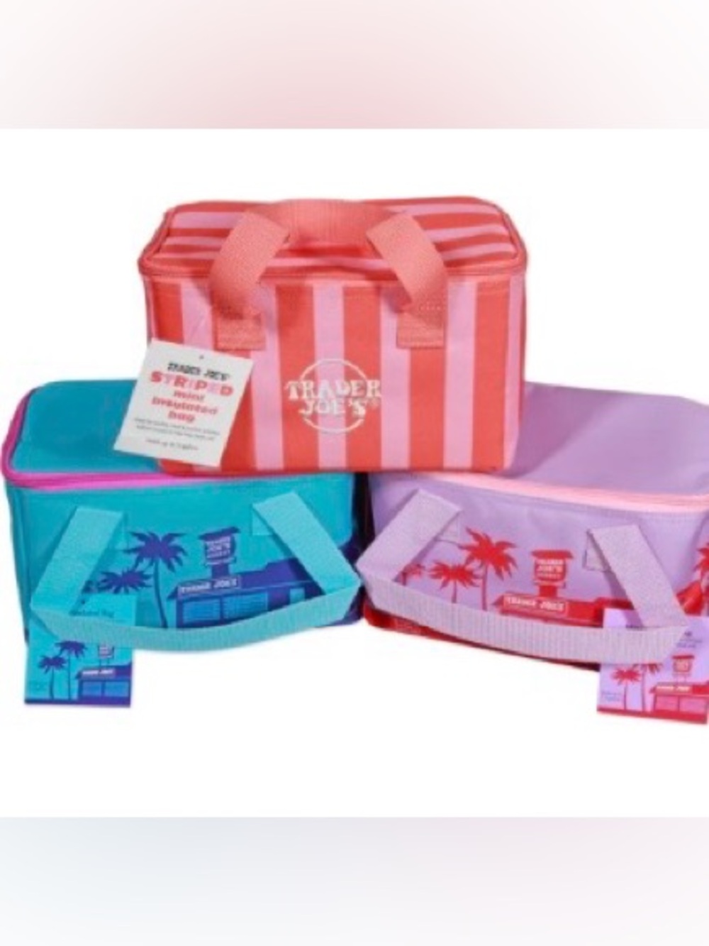 Trader Joe'S Set/3 Mini Insulate Tote Bag Summer Fun Collection Pink Blue Violet